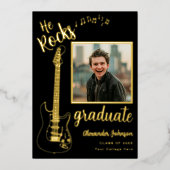 Moderne Afstuderen foto Cool Guitar Zwart en Goud Folie Uitnodiging (Voorkant)