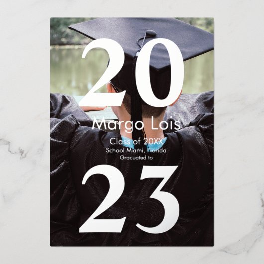 Moderne Afstuderen foto Silver Bold geperst Folie Uitnodiging (Voorkant)