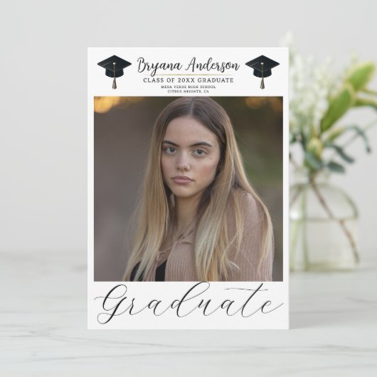 Moderne Afstuderen foto Zwart Goud Graduation Cap Kaart (Staand voorkant)