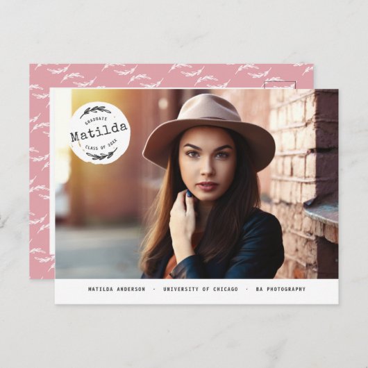 Moderne afstuderen fotoaankondiging + feestuitnodi uitnodiging briefkaart (Voorkant / Achterkant)
