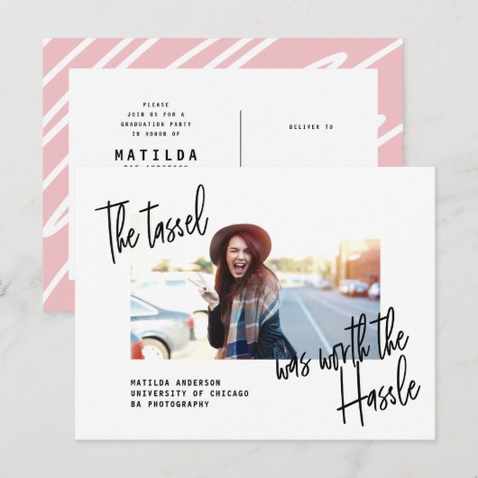 Moderne afstuderen fotoaankondiging + partijuitnod uitnodiging briefkaart (Voorkant / Achterkant)