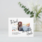 Moderne afstuderen fotoaankondiging + partijuitnod uitnodiging briefkaart (Staand voorkant)