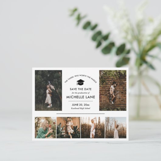 Moderne Afstuderen fotocollage Sla de datum op Briefkaart (Staand voorkant)
