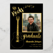 Moderne Afstuderen fotogitaar zwart en goud Folie Uitnodiging (Voorkant)