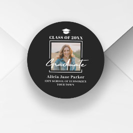 Moderne afstuderen fotoklasse van 2025 zwart ronde sticker