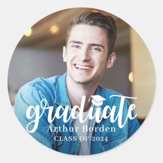 Moderne Afstuderen in wit script foto Ronde Sticker (Voorkant)
