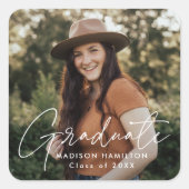 Moderne Afstuderen in wit script foto Vierkante Sticker (Voorkant)