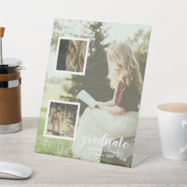 Moderne afstuderen met 3 foto's reclamebord met voetstuk