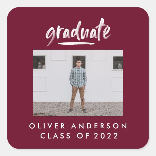 Moderne afstuderen met foto-burgundy vierkante sticker (Voorkant)