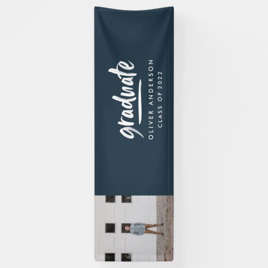 Moderne afstuderen met foto-inkend blauw elegant spandoek (Verticaal)