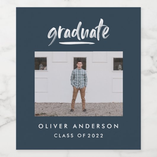 Moderne afstuderen met foto-marineblauw van script wijn etiket (Enkel label)