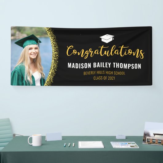 Moderne Afstuderen met zwart en goudglitter Foto Spandoek (Beurs)
