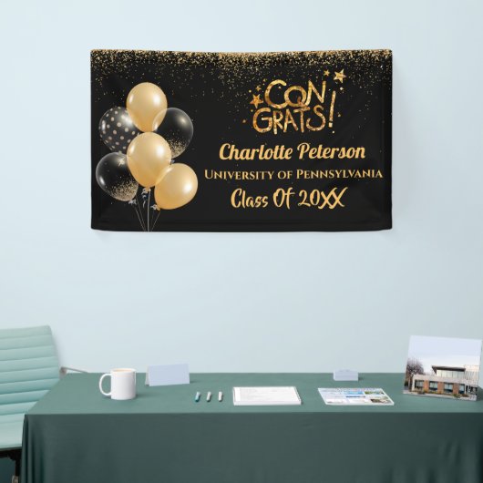 Moderne Afstuderen met zwart en goudglitter  Spandoek (Beurs)