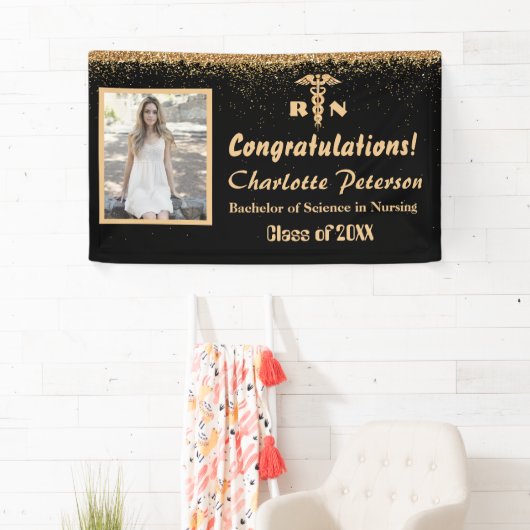 Moderne Afstuderen met zwarte & goudzure glitter  Spandoek (Insitu)