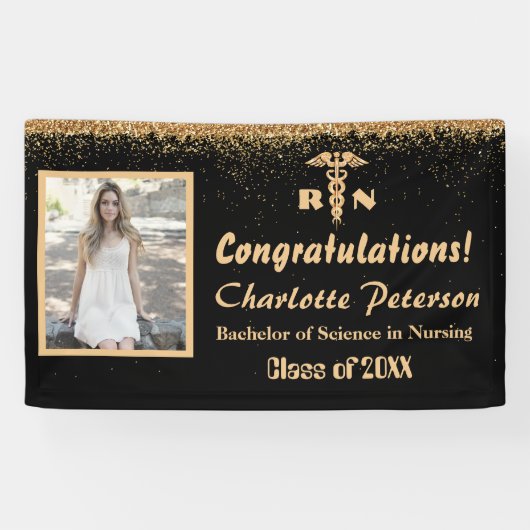 Moderne Afstuderen met zwarte & goudzure glitter Spandoek (Horizontaal)
