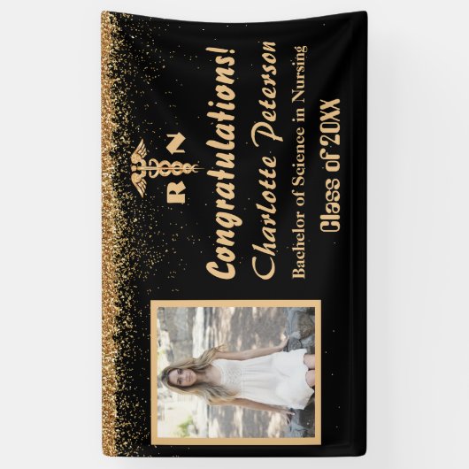 Moderne Afstuderen met zwarte & goudzure glitter  Spandoek (Verticaal)