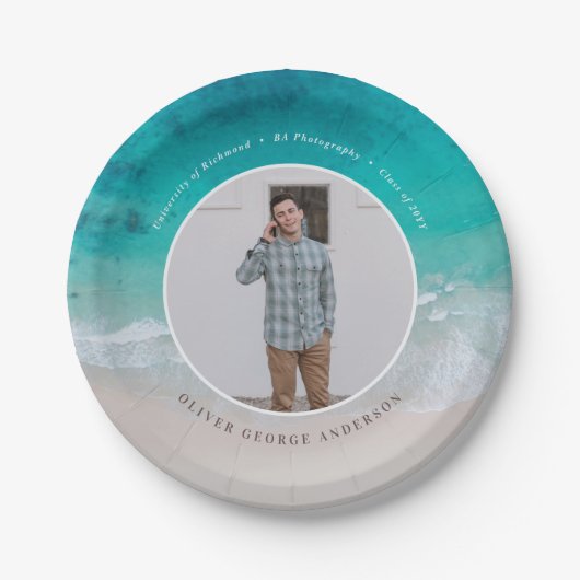 Moderne afstuderen oceaan strand moderne fotoreis papieren bordje (Voorkant)