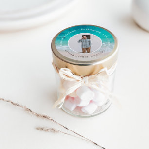 Moderne afstuderen oceaan strand moderne fotoreis ronde sticker