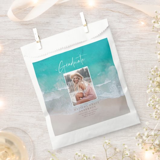 Moderne afstuderen-oceaanstrandscript bedankzakje (Geknipt)