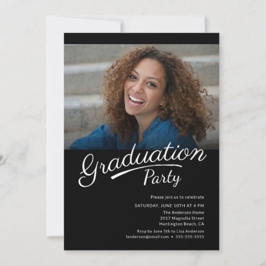 Moderne Afstuderen Penseel Script Photo Party nodi Kaart (Achterkant)