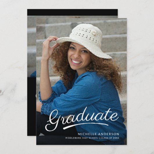 Moderne Afstuderen Penseel Script Photo Party nodi Kaart (Voorkant / Achterkant)