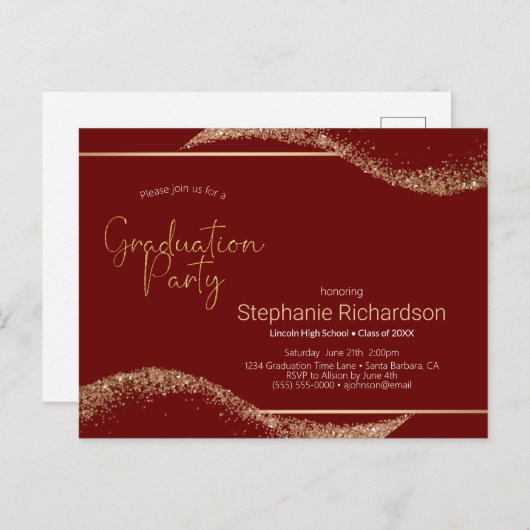Moderne Afstuderen Red Gold Glitter Briefkaart (Voorkant / Achterkant)