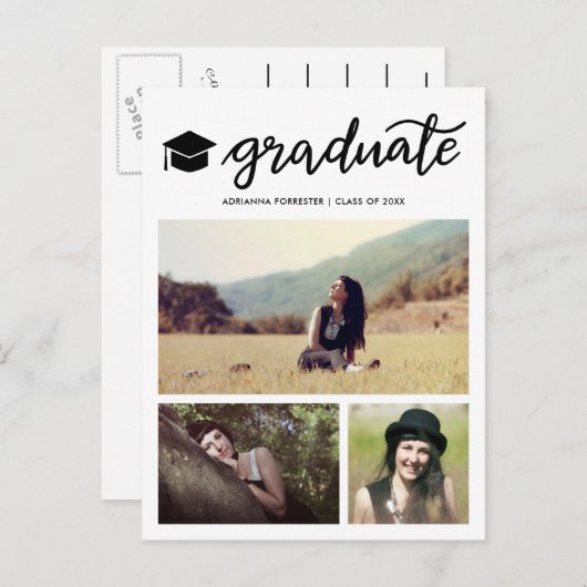 Moderne Afstuderen Script Afstuderen Fotocollage Uitnodiging Briefkaart (Voorkant / Achterkant)