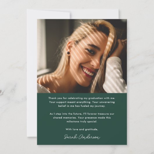 Moderne Afstuderen smaragdgroene foto Afstuderen Bedankkaart (Achterkant)