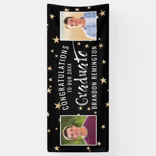 Moderne Afstuderen typografie Foto Black Gold Star Spandoek (Verticaal)