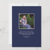 Moderne Afstuderen van Navy Blue Script Foto Bedankkaart (Achterkant)