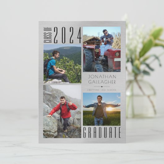 Moderne Afstuderen Vier foto's, geborsteld zilver Aankondiging (Staand voorkant)