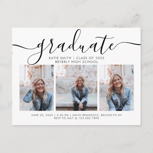 Moderne Afstuderen voor Script Calligraphy 3 Foto Uitnodiging Briefkaart (Voorkant)