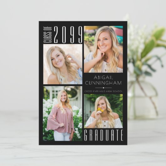 Moderne Afstuderen zwart wit 5 Foto Aankondiging (Staand voorkant)