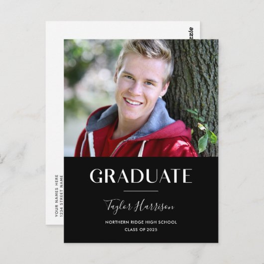 Moderne Afstuderen zwarte & witte graduatie-partij Briefkaart (Voorkant / Achterkant)