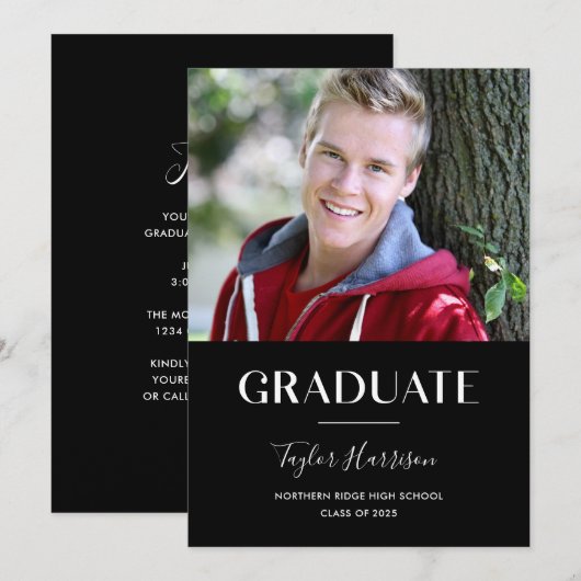 Moderne Afstuderen zwarte & witte graduatie-partij Kaart (Voorkant / Achterkant)