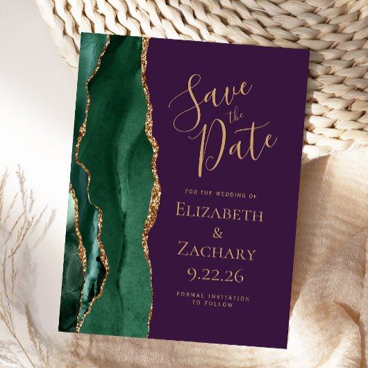 Moderne Agaat Emerald Green Paarse Save the Date Aankondigingskaart
