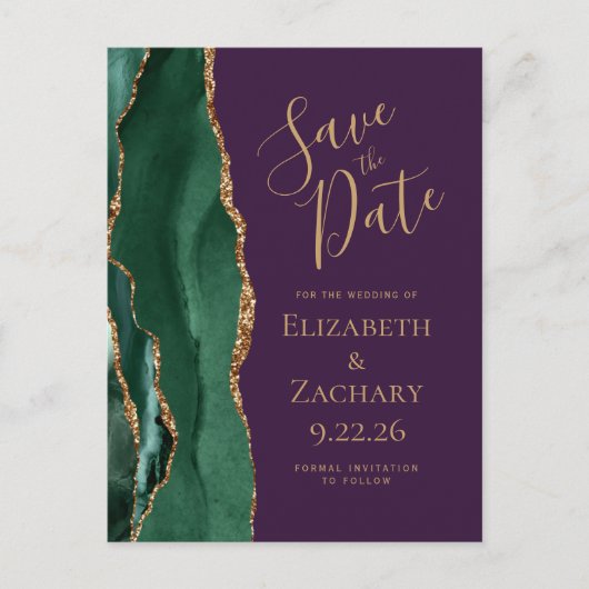 Moderne Agaat Emerald Green Paarse Save the Date Aankondigingskaart (Voorkant)