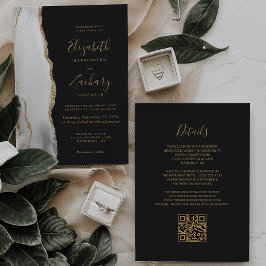 Moderne Agaat Grijs Wit Goud Donker QR Code Huweli Kaart