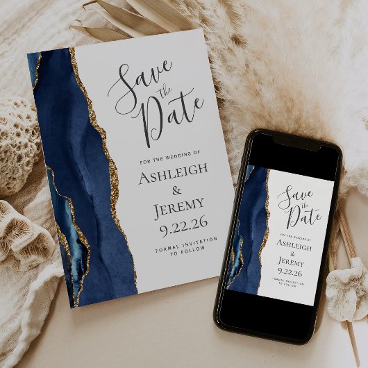 Moderne agaat navyblauwe gouden Save the Date kaar Kaart