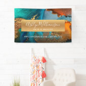 Moderne agaat waterverf gouden turquoise kapsalon spandoek (Insitu)