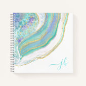 Moderne Agate Aqua Paarse Goud met Monogram Notitieboek (Voorkant)