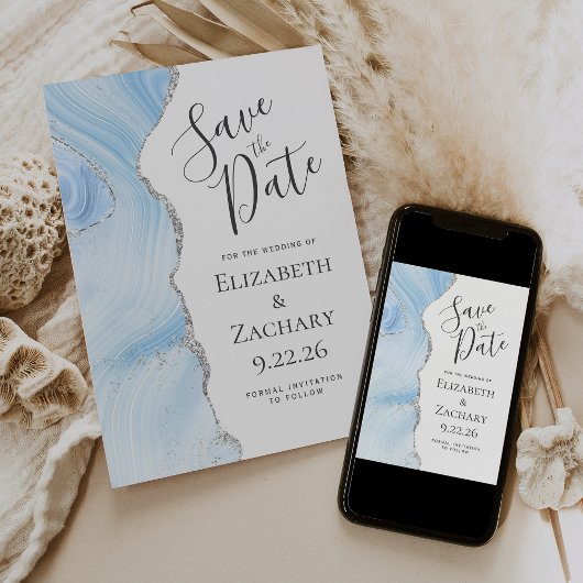 Moderne Agate Baby Blue Zilver Save the Date Kaart