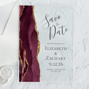 Moderne Agate Bourgondië Goud Save the Date Kaart Acryl Uitnodigingen