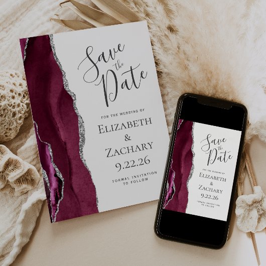 Moderne Agate Burgundy Zilver Save the Date Kaart