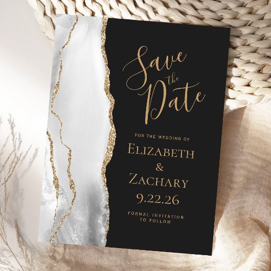Moderne Agate Grijs Wit Goud Donker Save the Date Aankondigingskaart