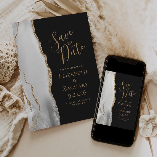 Moderne Agate Grijs Wit Goud Kleur 'Save the Date' Aankondiging