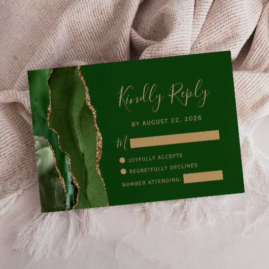 Moderne Agate Hunter Green Gold Wedding RSVP-Kaart RSVP Kaartje