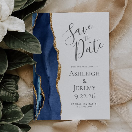 Moderne Agate Navyblauw Goud Save the Date
