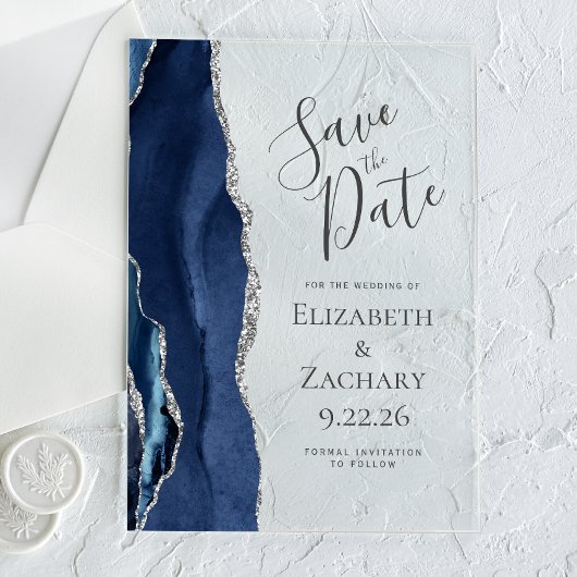 Moderne Agate Navyblauw Zilver Save the Date Acryl Uitnodigingen