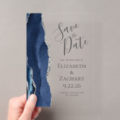 Moderne Agate Navyblauw Zilver Save the Date Acryl Uitnodigingen (Insitu (Draagbaar))
